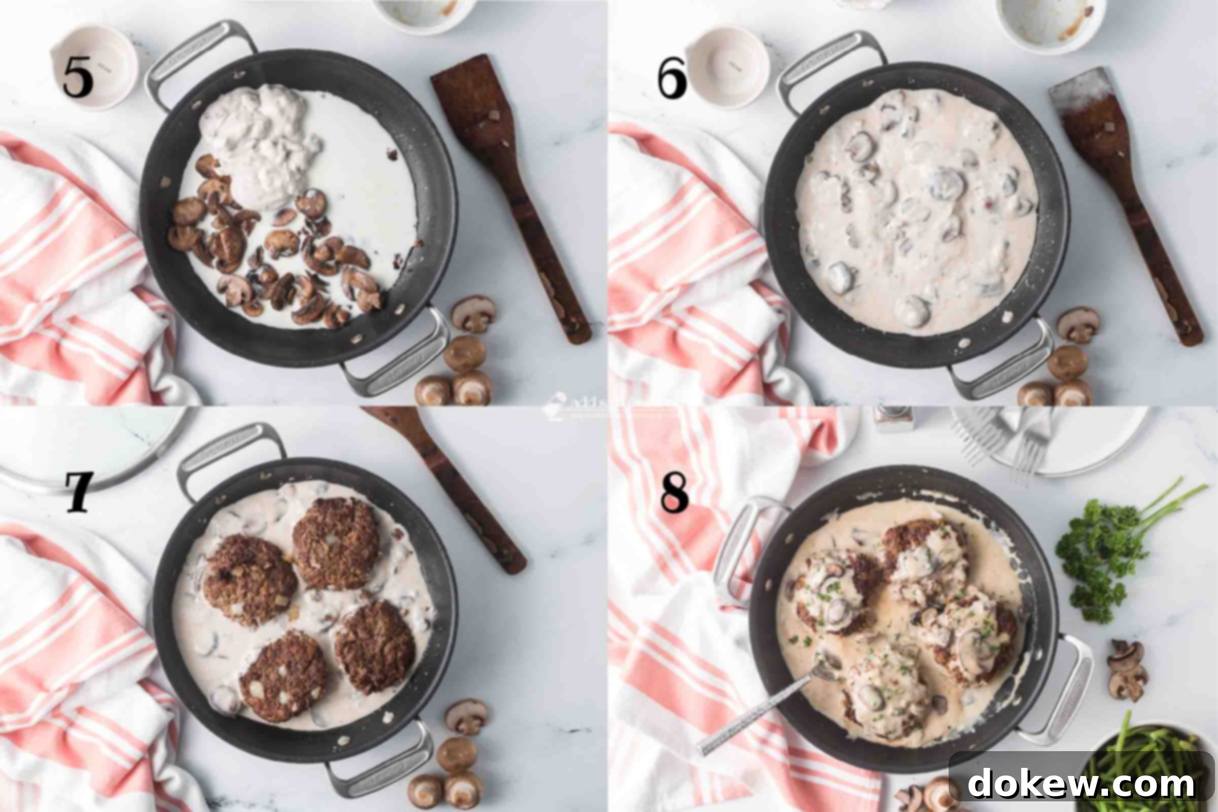 Rich Salisbury Steak in a Velvety Mushroom Sauce 5 Composite image showing how to make Mushroom Salisbury Steak: making the sauce, returning patties, simmering, serving.