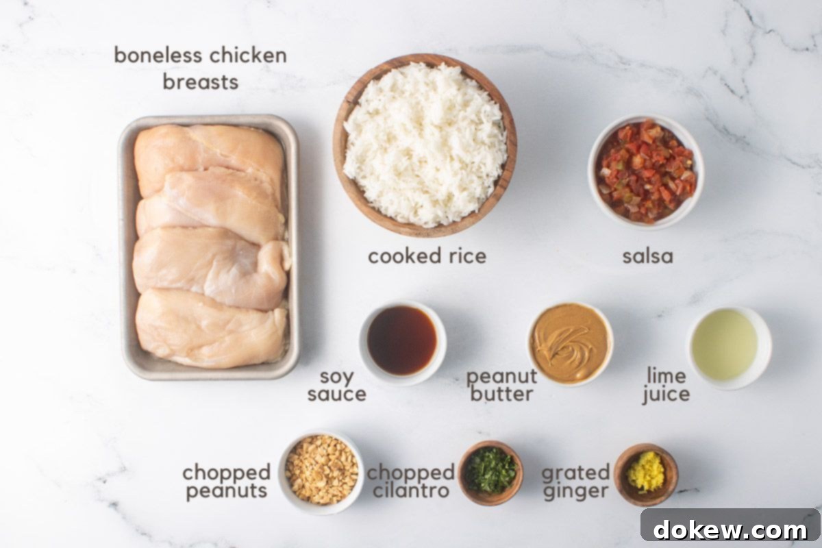 Weeknight Thai Peanut Chicken Magic 3 Ingredients for Slow Cooker Thai Peanut Chicken: Uncooked chicken breasts, chopped peanuts, cilantro, peanut butter, salsa, soy sauce, grated ginger, lime juice, and cooked rice.