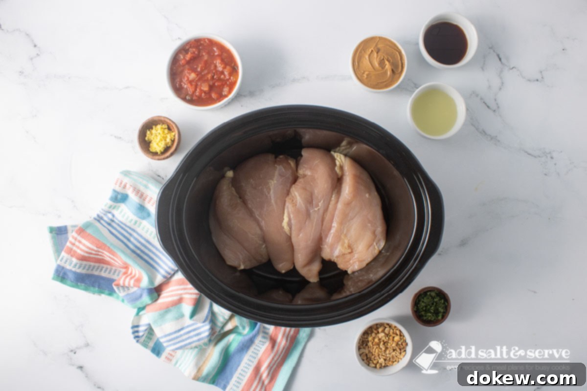 Weeknight Thai Peanut Chicken Magic 4 Uncooked chicken breasts in a slow cooker surrounded by small bowls of chopped peanuts, cilantro, peanut butter, salsa, soy sauce, grated ginger, and lime juice.