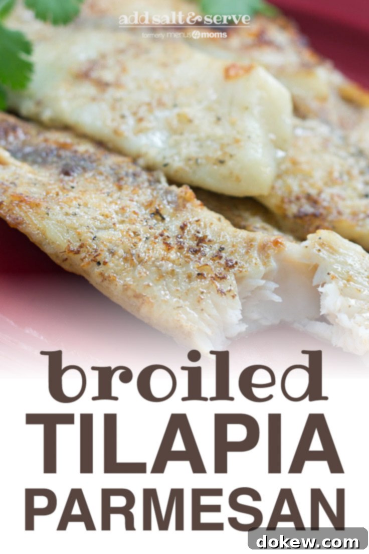 Parmesan-Crusted Tilapia 4 Tilapia fillets on a red plate garnished with parsley and text Add Salt & Serve formerly Menus4Moms Broiled Tilapia Parmesan
