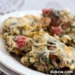 Hearty Chicken and Spinach Pasta Casserole 3 Cheesy Chicken and Spinach Pasta Bake, fresh out of the oven