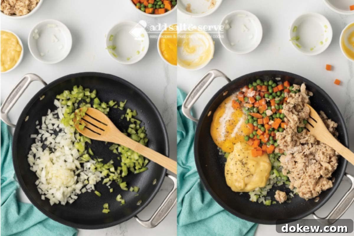 Comforting Tuna Noodle Bake 4 Composite image: Left shows chopped onion and diced celery sautéing in a skillet; Right shows the same skillet after cream of chicken soup, cheese soup, tuna, peas and carrots, garlic salt, and pepper have been added and mixed.
