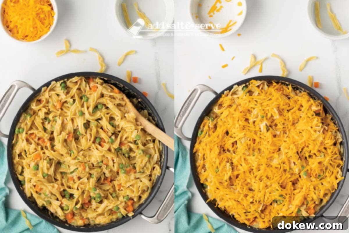 Comforting Tuna Noodle Bake 5 Composite photo: Left shows cooked noodles and sauce mixed together in an oven-proof skillet; Right shows the same skillet after being topped with shredded cheddar cheese, ready for baking.