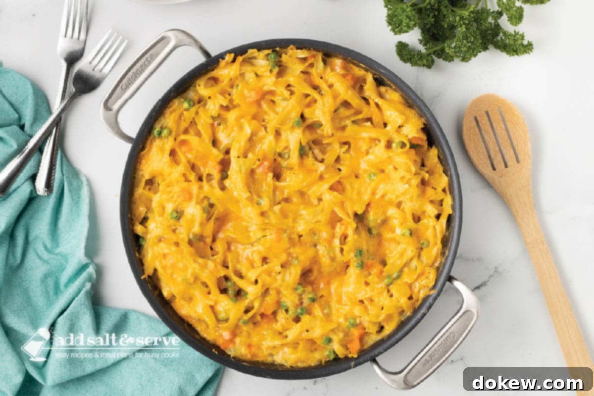 Comforting Tuna Noodle Bake 6 Baked cheesy noodle casserole in a skillet, showcasing a golden-brown cheese crust and bubbling sauce.