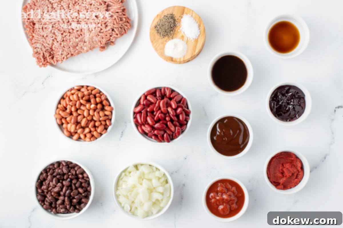 30-Minute BBQ Beef and Beans 3 Overhead shot of all ingredients laid out for making BBQ Beef and Beans.