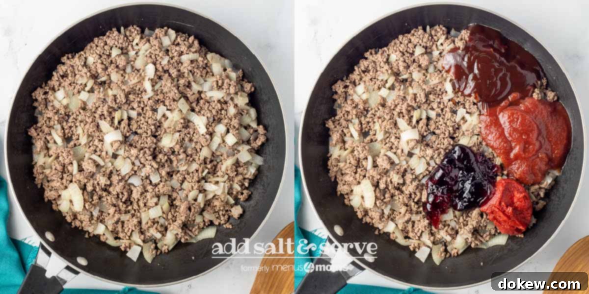 30-Minute BBQ Beef and Beans 4 Composite image of cooked ground beef and onion in a skillet on the left and with additional ingredients (grape jelly, chili sauce, barbecue sauce, and tomato paste) on the right, for the BBQ Beans with Beef recipe.