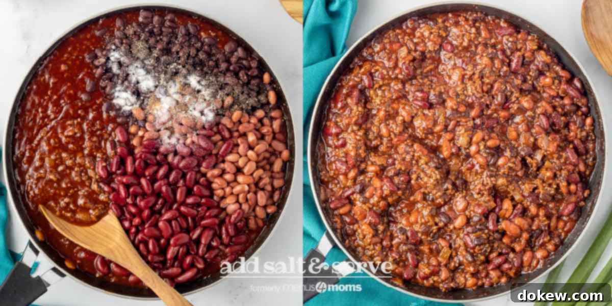 30-Minute BBQ Beef and Beans 5 Composite image with BBQ Beans with Ground Beef ingredients separated in a pan on left and mixed together on right, simmering to perfection.