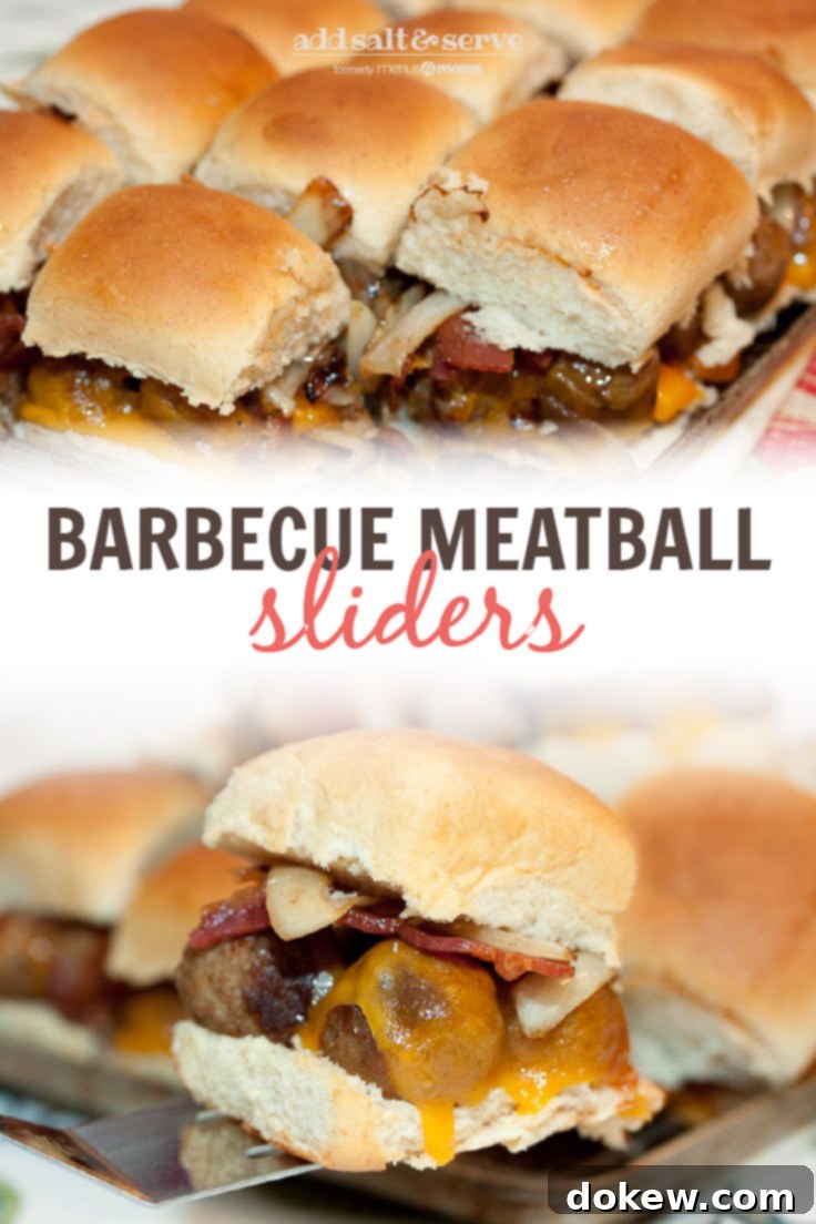 Smoky Meatball Sliders 4 Composite image: top photo is a pan full of Barbecue Meatball Sliders. Bottom photo is a cluse-up of a Hawaiian roll with meatballs, melted cheddar cheese, bacon, and sautéed onions, with more sliders in the background. Text is Barbecue Meatball Slider - Add Salt & Serve logo