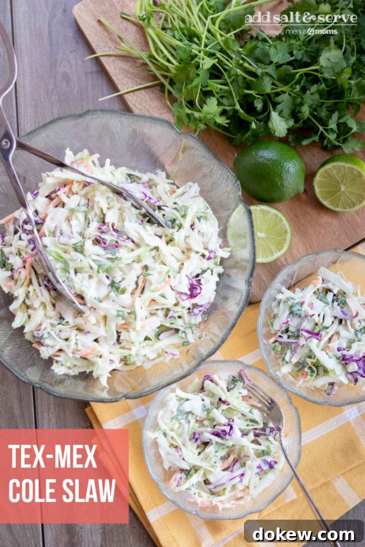 Zesty Tex-Mex Slaw 4 Tex-Mex Cole Slaw in a bowl with limes and cilantro garnish
