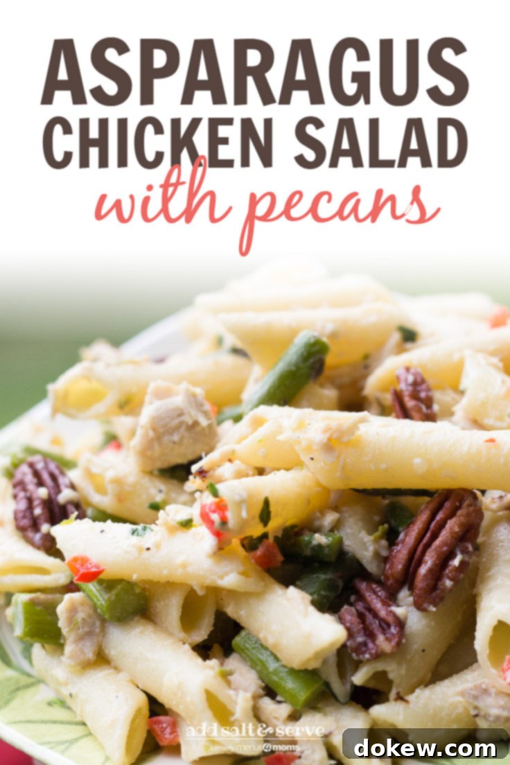 Signature Asparagus Pecan Chicken Salad 4 Asparagus Chicken Salad on a green and white plate; text Asparagus Chicken Salad with Pecans - Add Salt & Serve logo