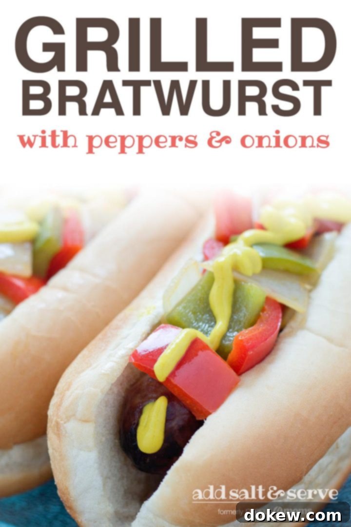 Ultimate Grilled Bratwursts 3 Bratwurst on a hotdog bun with mustard, diced red and green bell peppers and diced onions; text Grilled Bratwurst with Peppers and Onions Add Salt & Serve formerly Menus4Moms