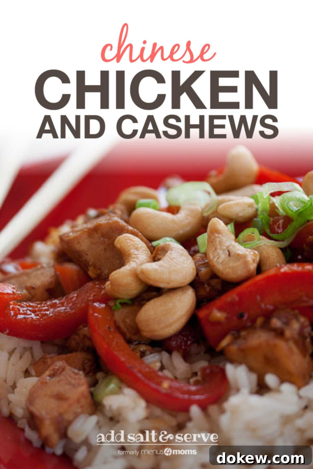 Cashew Chicken 4 Red plate with chopsticks and rice, sliced red bell peppers, cashews, chicken, and green onions