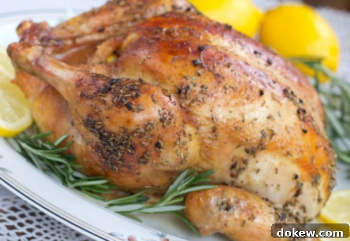 Lemon Rosemary Chicken Roasted whole chicken on a white plate, garnished with rosemary and sliced lemon.