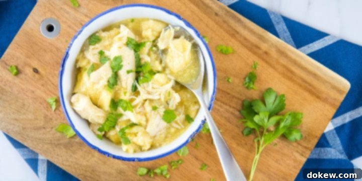 Easy Crockpot Chicken & Dumplings Chicken and dumplings garnished with parsley in a white bowl with a blue rim. There is a spoon with a dumpling and some broth. The bowl is on a wooden cutting board on top of a blue napkin with white stripes, all on a white marble counter.
