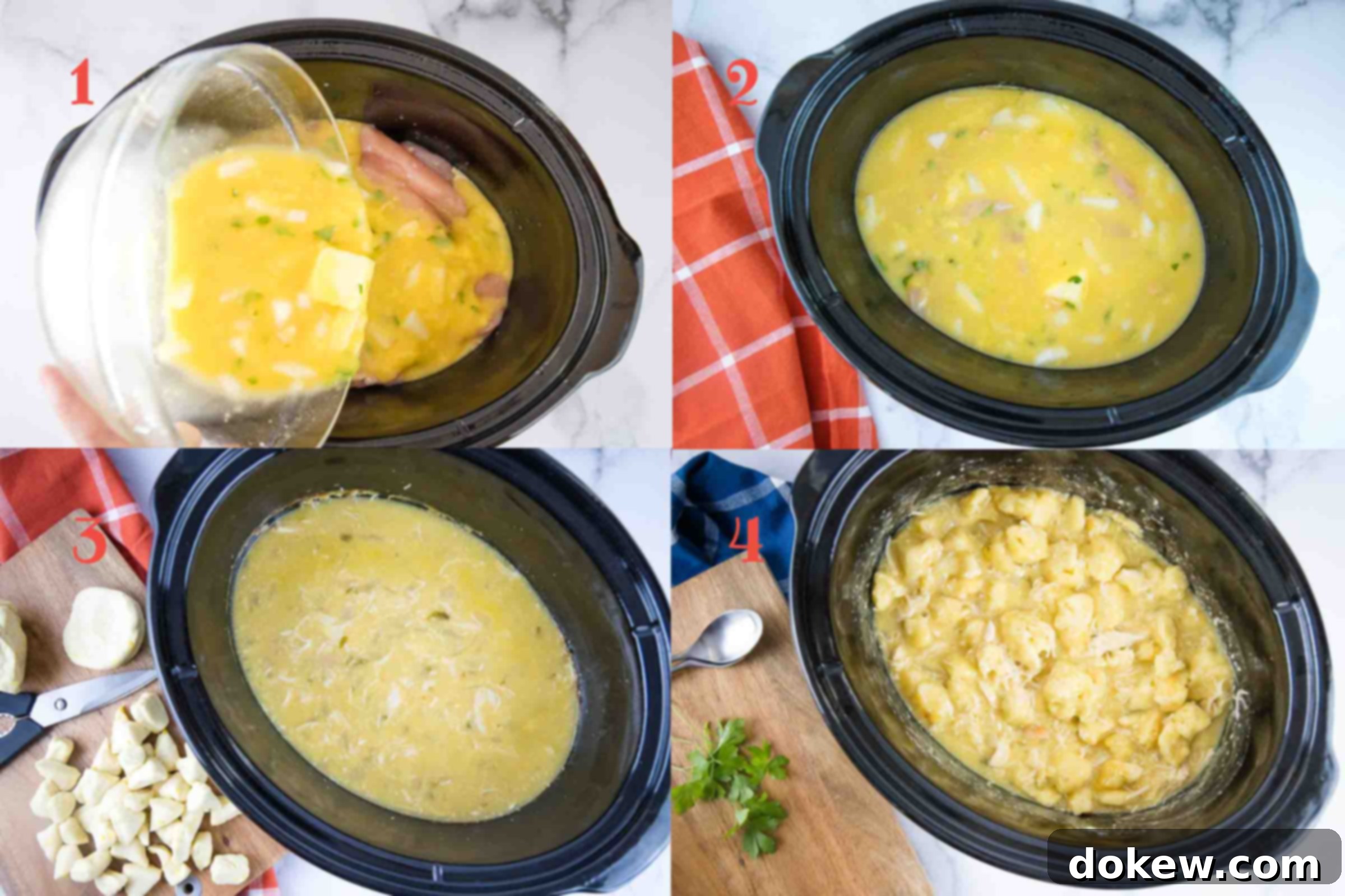 Hearty Slow Cooker Chicken and Biscuit Dumplings 2 Composite image: 1 - Mixture of butter, soup, broth, onions, and parsley being poured from a clear glass bowl over chicken breasts in a slow cooker; 2 - Mixture of butter, soup, broth, onions, parsley and chicken breasts in a slow cooker; 3 - Cooked broth and chicken mixture in a slow cooker; 4 - Cooked broth and chicken mixture in a slow cooker with uncooked pieces of refrigerated biscuits.