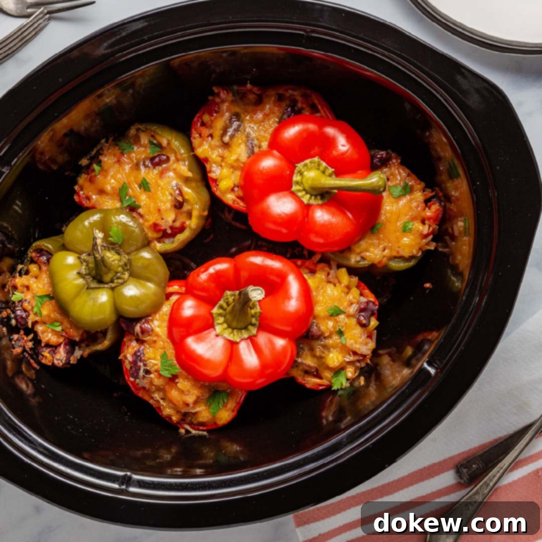 Easy Cheesy Southwestern Stuffed Peppers 2 Easy Slow Cooker Southwestern Stuffed Peppers with Cheese, showcasing vibrant bell peppers filled with a savory bean, corn, and rice mixture, topped with melted cheddar.