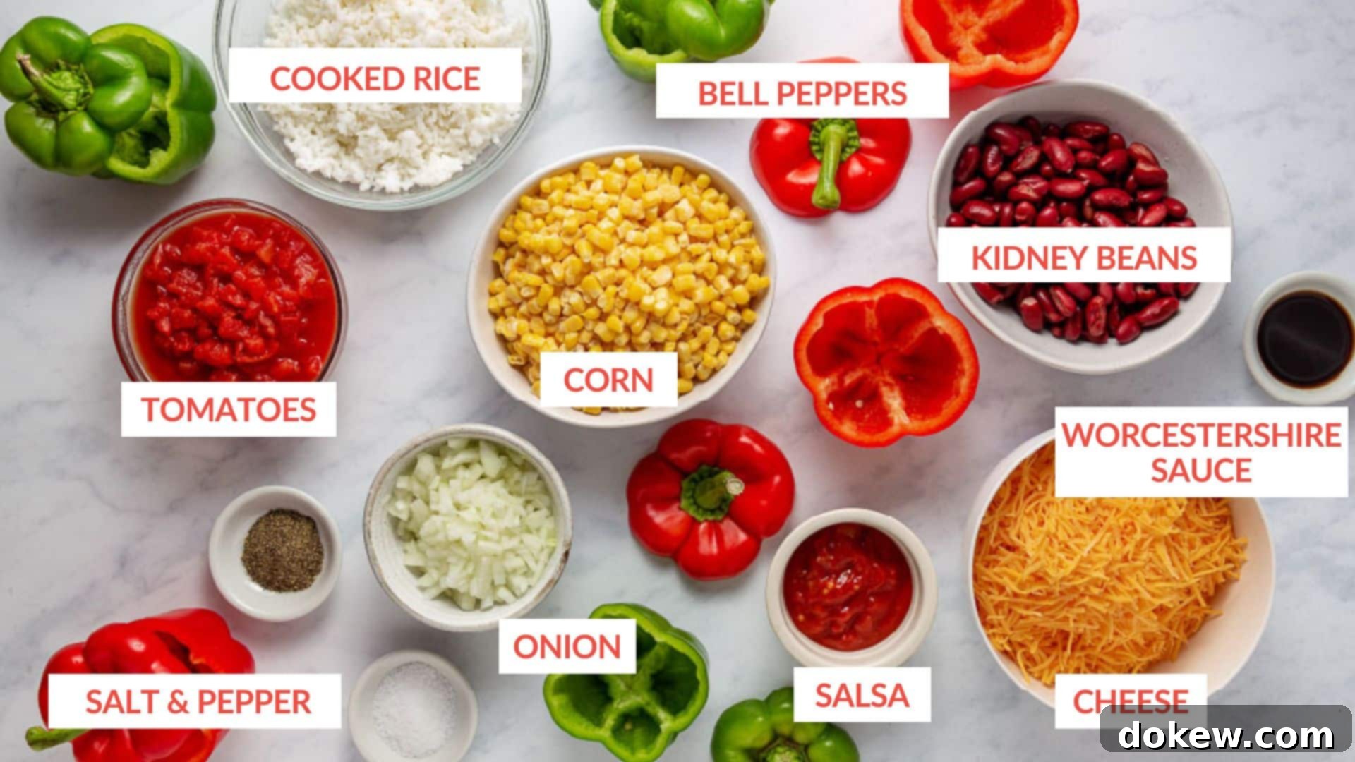 Easy Cheesy Southwestern Stuffed Peppers 3 Ingredients for Vegetarian Stuffed Peppers: bell peppers, cooked rice, corn kernels, chopped onion, drained kidney beans, salsa, shredded cheese, salt, pepper, and Worcestershire sauce.