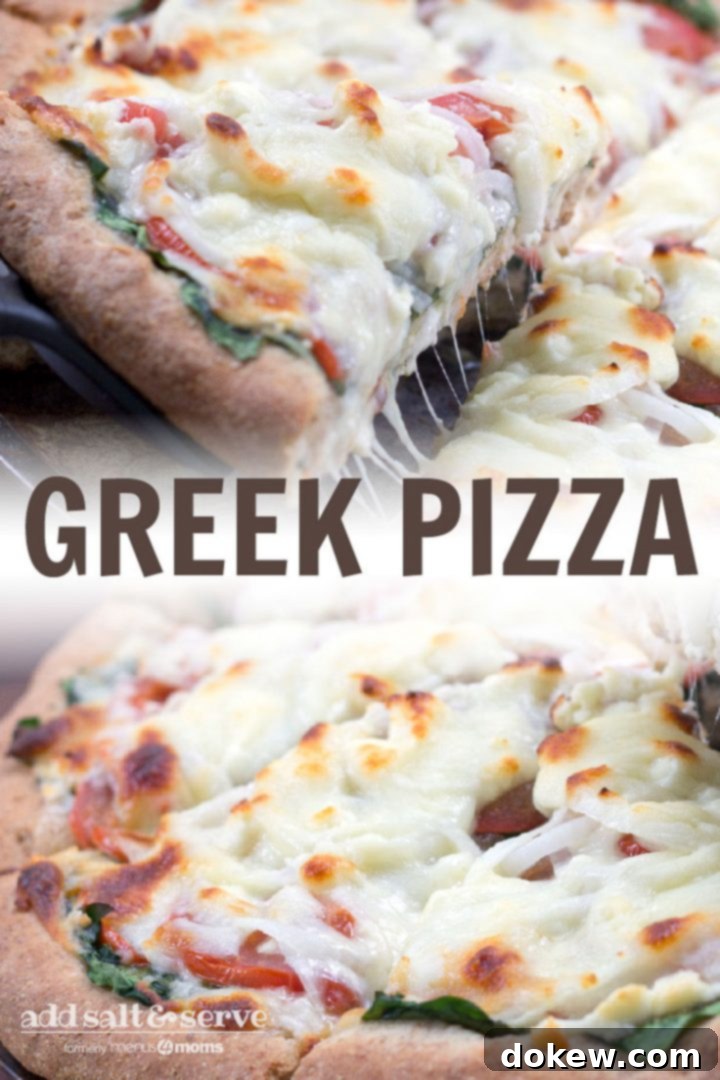 Aegean Feta & Olive Pizza 3 Top photo is Greek Pizza with a slice being removed. Bottom photo is a Greek Pizza. Text Greek Pizza Add Salt & Serve formerly Menus4Moms