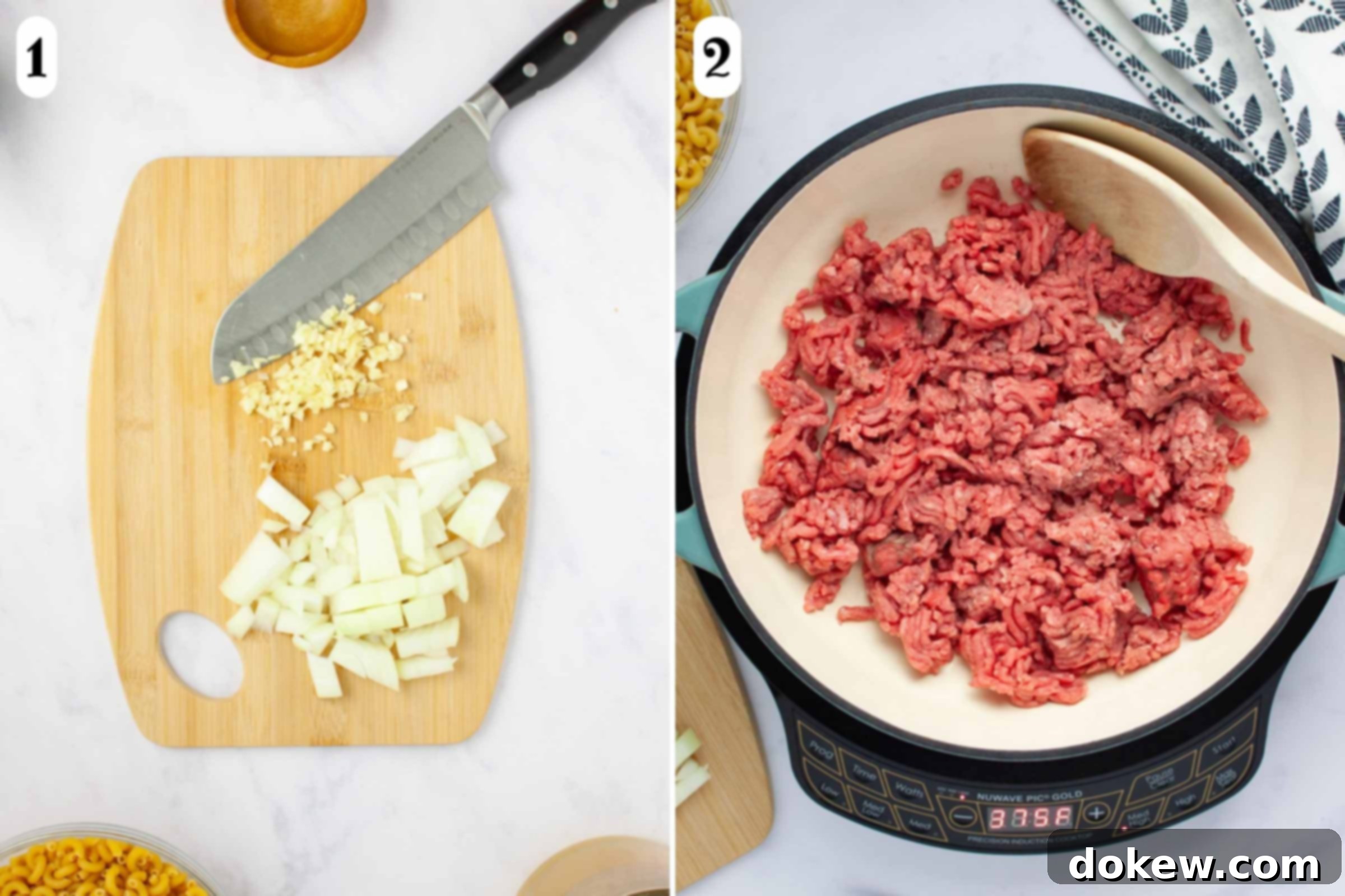One Pot Taco Macaroni in 30 Minutes 4 Composite image: 1- chopped onion and minced garlic on a cutting board; 2- ground beef in a skillet.