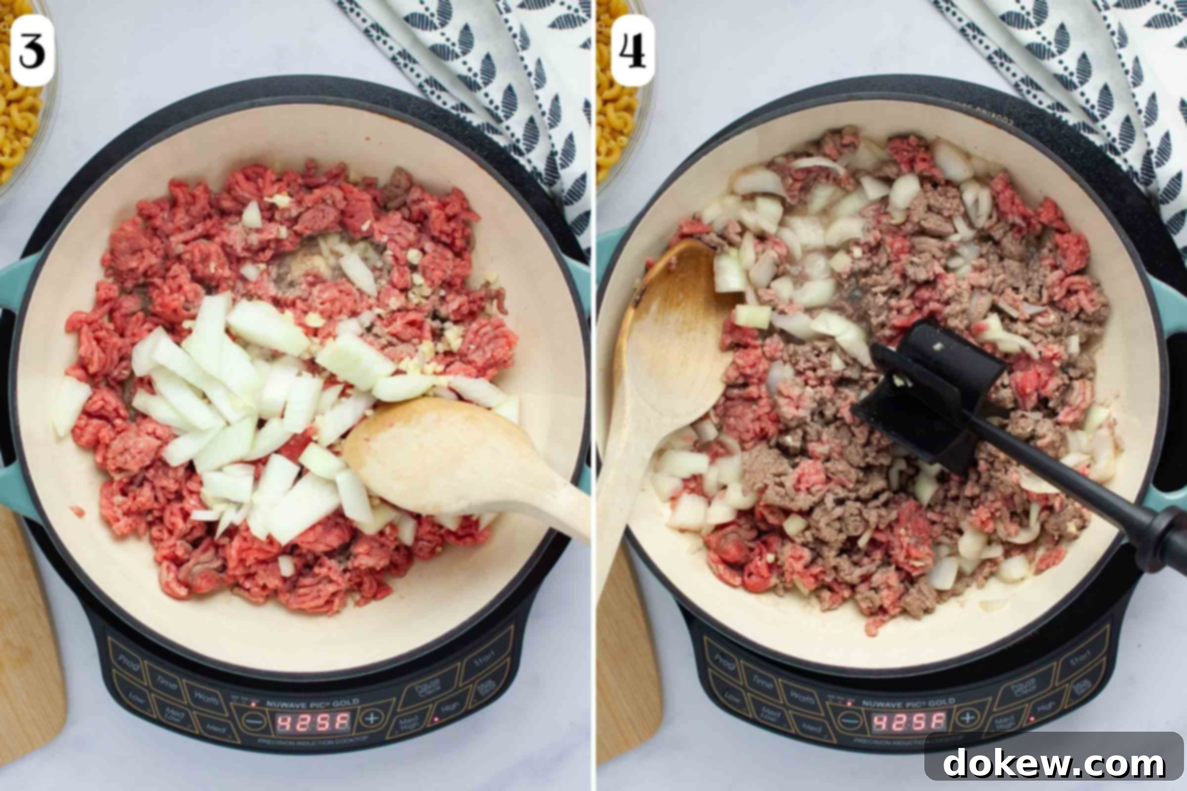 One Pot Taco Macaroni in 30 Minutes 5 Composite image with two stages of onions and garlic cooking in ground beef in a skillet.