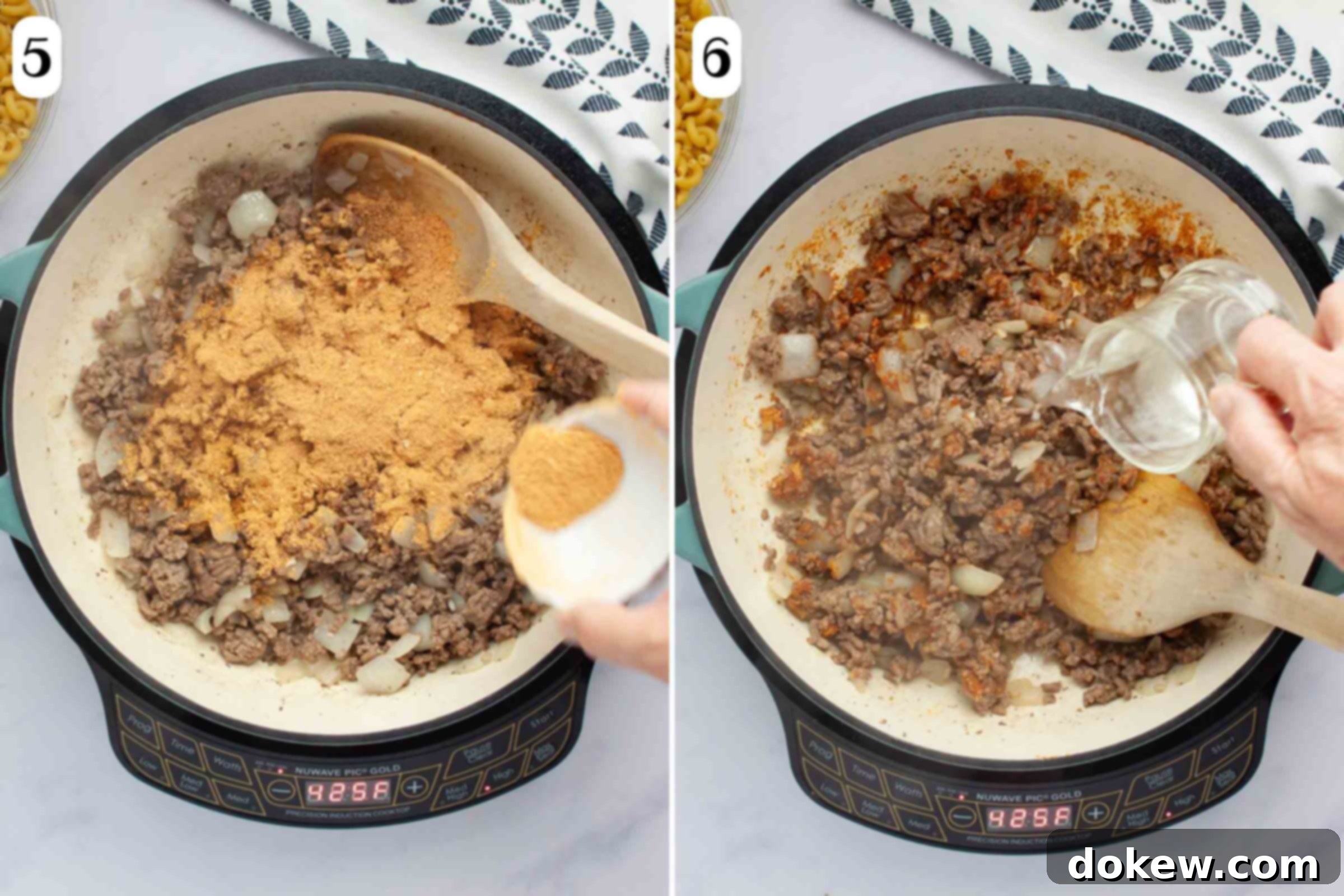 One Pot Taco Macaroni in 30 Minutes 6 Composite image with taco seasoning being added to cooked ground beef mixture in skillet and water being added to the same.