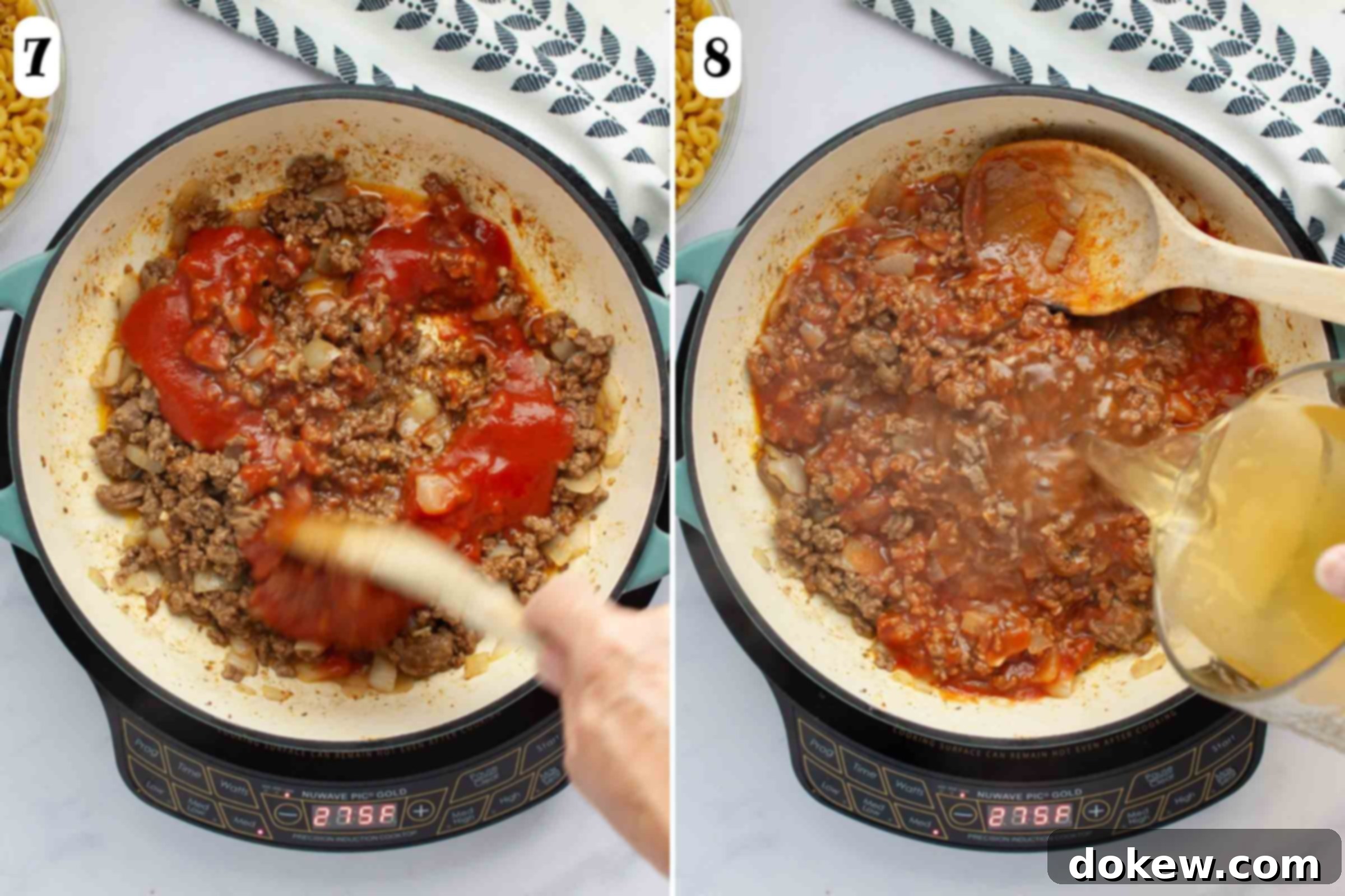 One Pot Taco Macaroni in 30 Minutes 7 Composite image with tomato sauce and chicken broth being added to skillet of ground beef mixture.