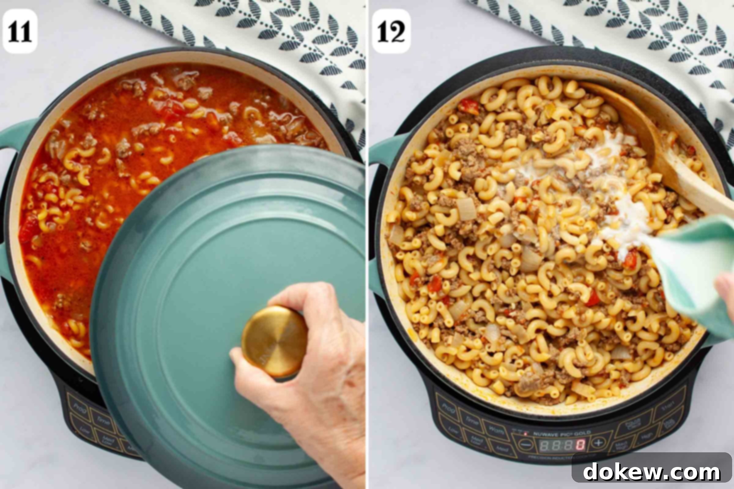 One Pot Taco Macaroni in 30 Minutes 9 Composite image showing covering skillet with lid then adding milk to skillet after macaroni is cooked.