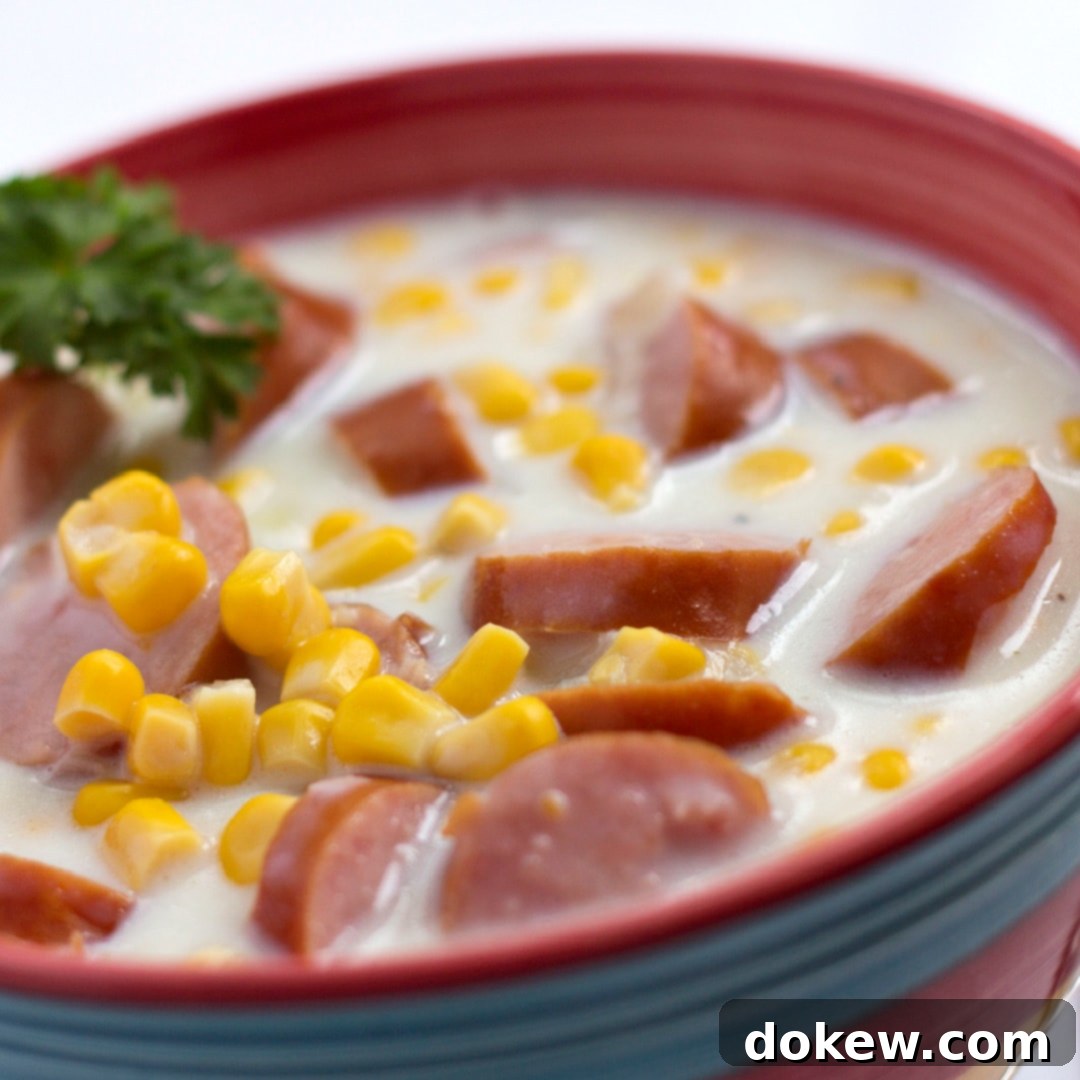Smoky Sweet Corn Sausage Chowder 2 White chowder with sausage slices and corn, with a parsley garnish in a red bowl with a blue stripe