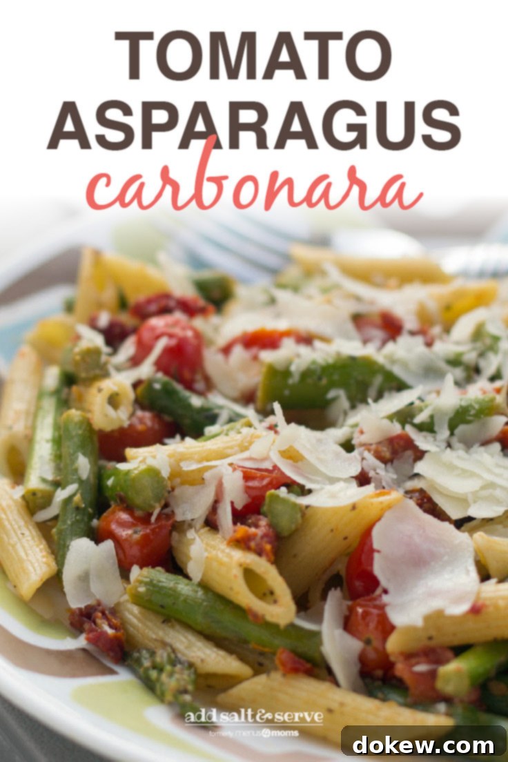 Fresh Tomato and Asparagus Carbonara 4 Tomato and Asparagus Carbonara on a plate; text Tomato and Asparagus Carbonara - Add Salt & Serve logo