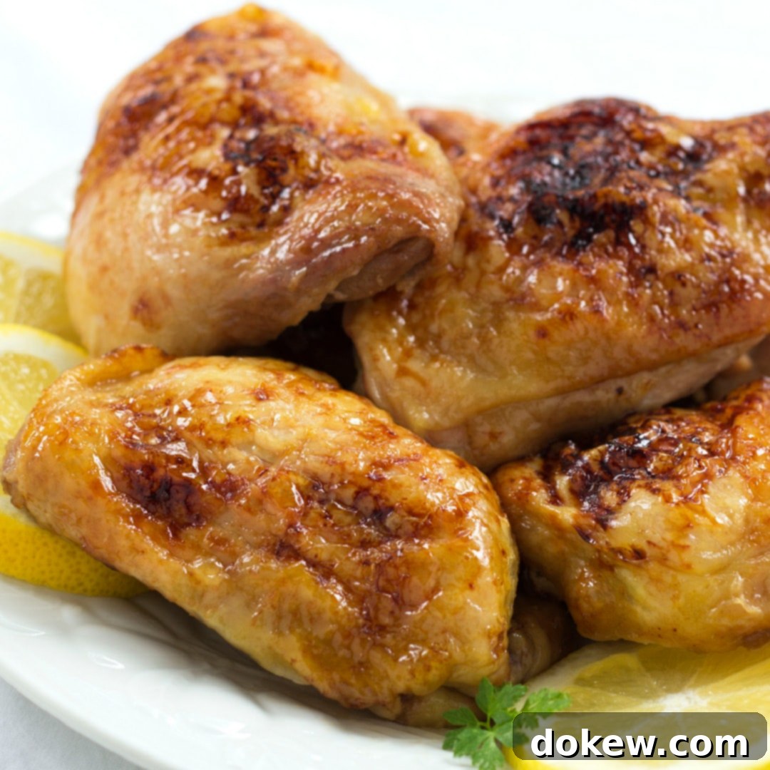 Baked Honey and Lemon Chicken Four pieces of baked chicken on a white plate with 3 lemon slices