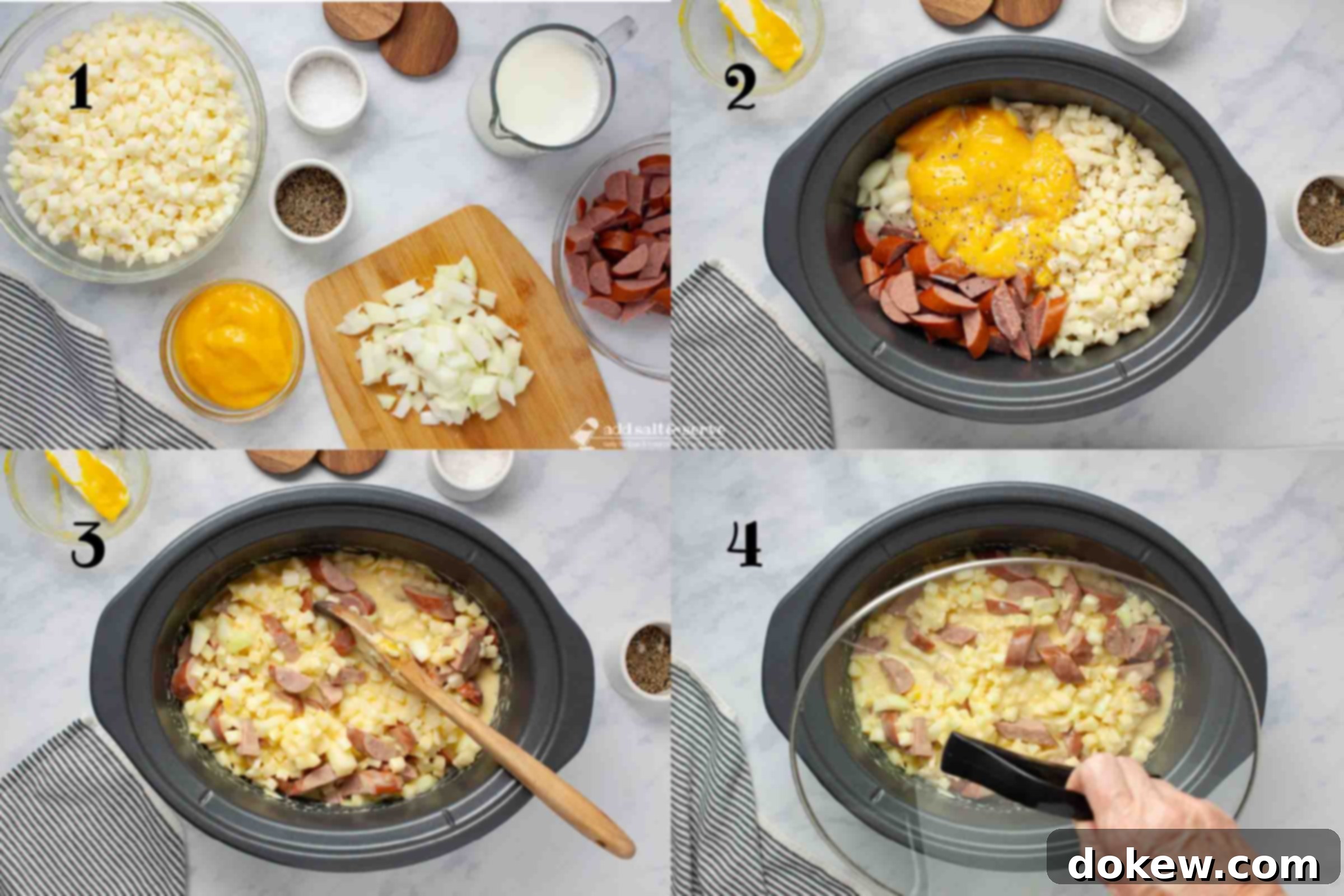 Hearty Cheesy Kielbasa Potato Slow Cooker Soup 4 Composite photo illustrating the cooking process: 1 - Ingredients for soup (frozen hash browns, condensed cheddar cheese soup, sliced kielbasa, chopped onion, milk, salt and pepper) laid out; 2 - ingredients placed in slow cooker before cooking; 3 - ingredients being stirred gently in the slow cooker with a wooden spoon; 4 - placing a lid on the slow cooker to begin cooking.