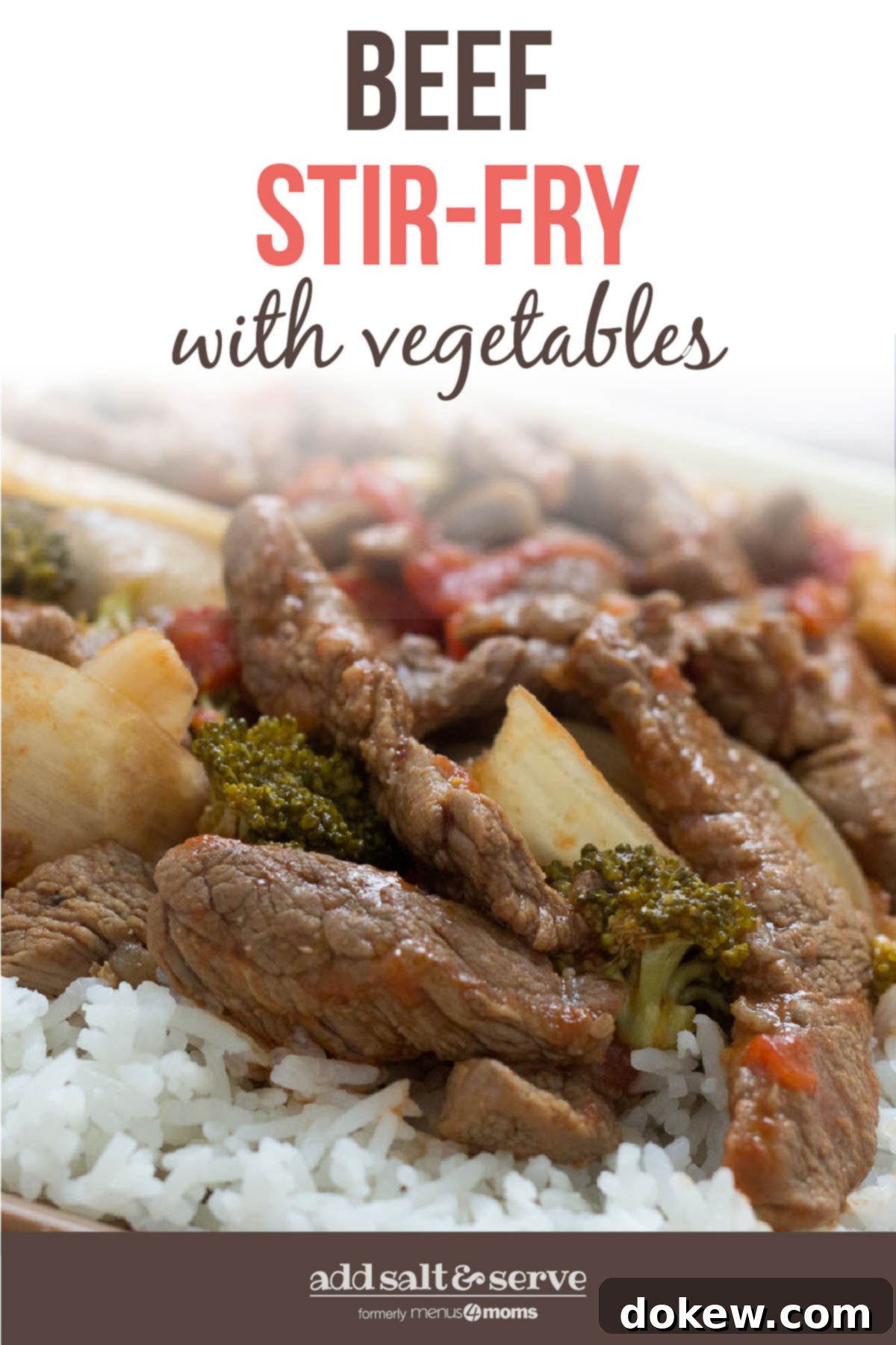 Flavorful Wok Beef 4 Cooked strips of beef with onions, brocolli florets, diced tomatoes, and mushrooms on a bed of rice; text Beef Stir-fry with Vegetables - Add Salt & Serve logo. Perfect for busy weeknights.