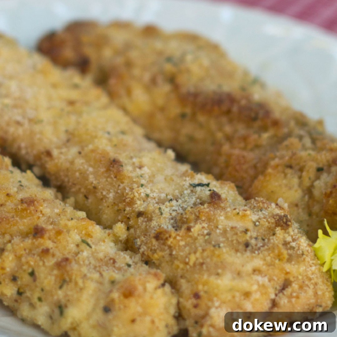 Three golden-brown breaded chicken tenders on a white plate, garnished with fresh parsley.