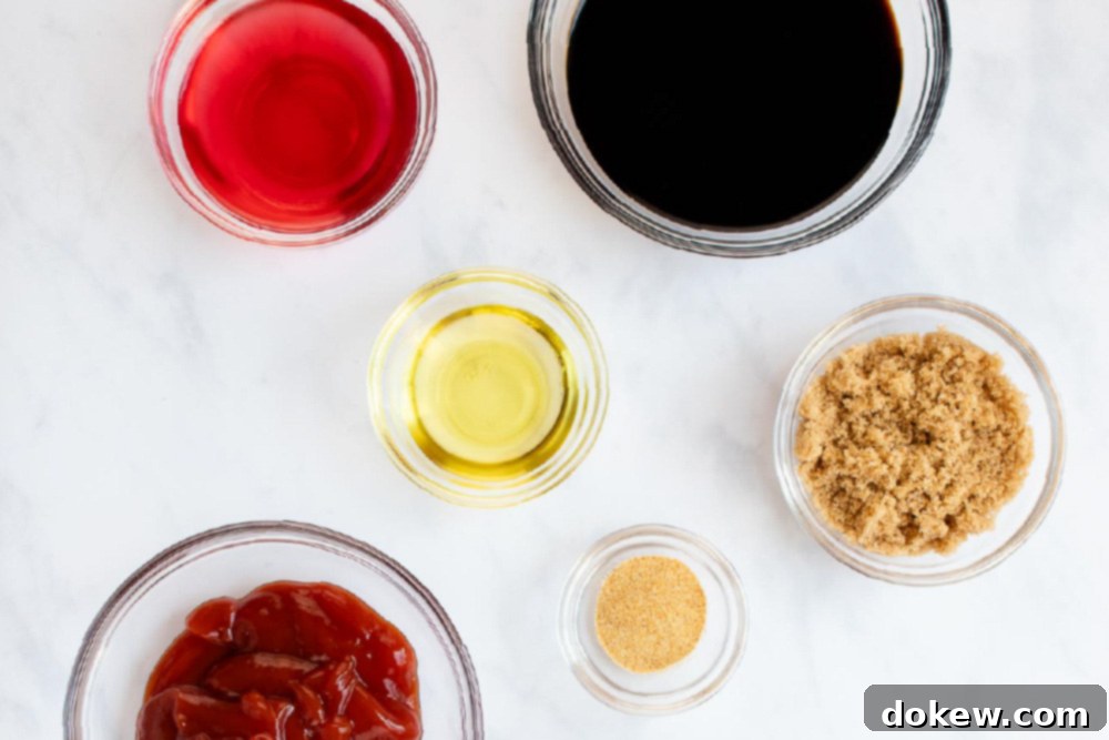 Tex-Mex Fajitas 2 Ingredients for the marinade for chicken and beef, including soy sauce, red wine vinegar, ketchup, brown sugar, garlic powder, and olive oil.
