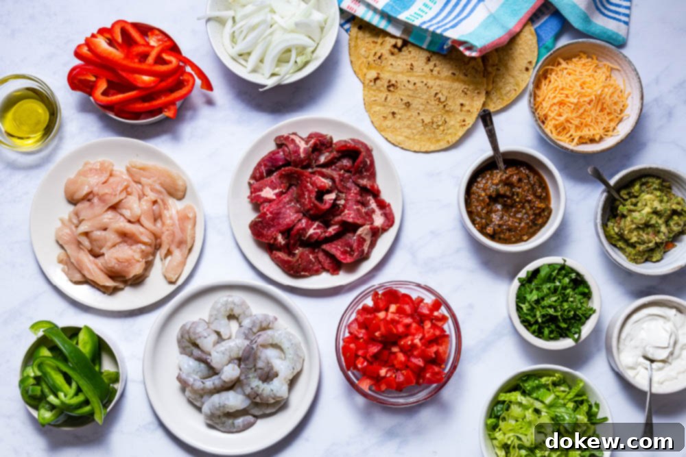 Tex-Mex Fajitas 3 Overhead view of all ingredients for Fajitas Texanas, including fresh vegetables, various meats, marinade components, and a selection of classic fajita condiments.