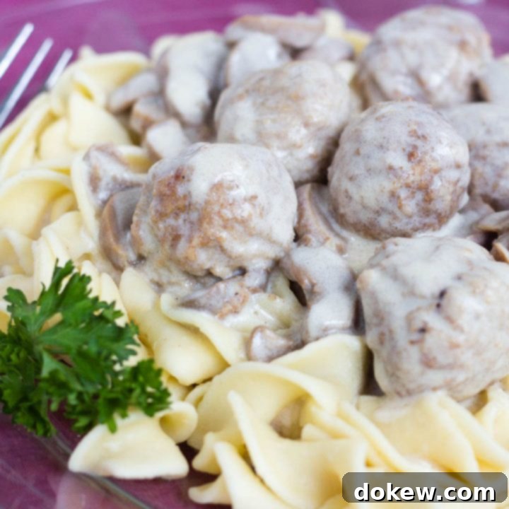 Wide egg noodles and juicy meatballs topped with a creamy mushroom Stroganoff sauce on a purple plate with a fork, garnished with fresh parsley for a vibrant finish.