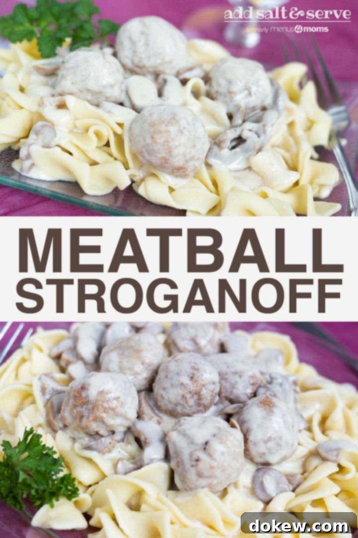 Meatball Stroganoff over Egg Noodles Two photos: Top shows wide egg noodles and meatballs with mushroom sauce on a purple plate with a fork, garnished with parsley. Bottom shows the same dish with text 'Meatballs Stroganoff Add Salt and Serve' as a banner, emphasizing its quick and easy nature.