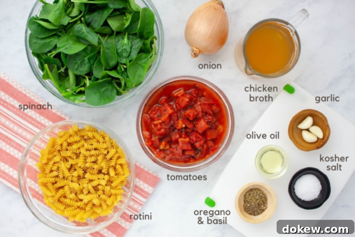 Quick and Easy One-Pot Tomato Spinach Pasta 3 Ingredients for Tomato Basil Pasta (fresh spinach, rotini, diced fire-roasted tomatoes, an onion, chicken broth, garlic cloves, olive oil, basil and oregano, and kosher salt).