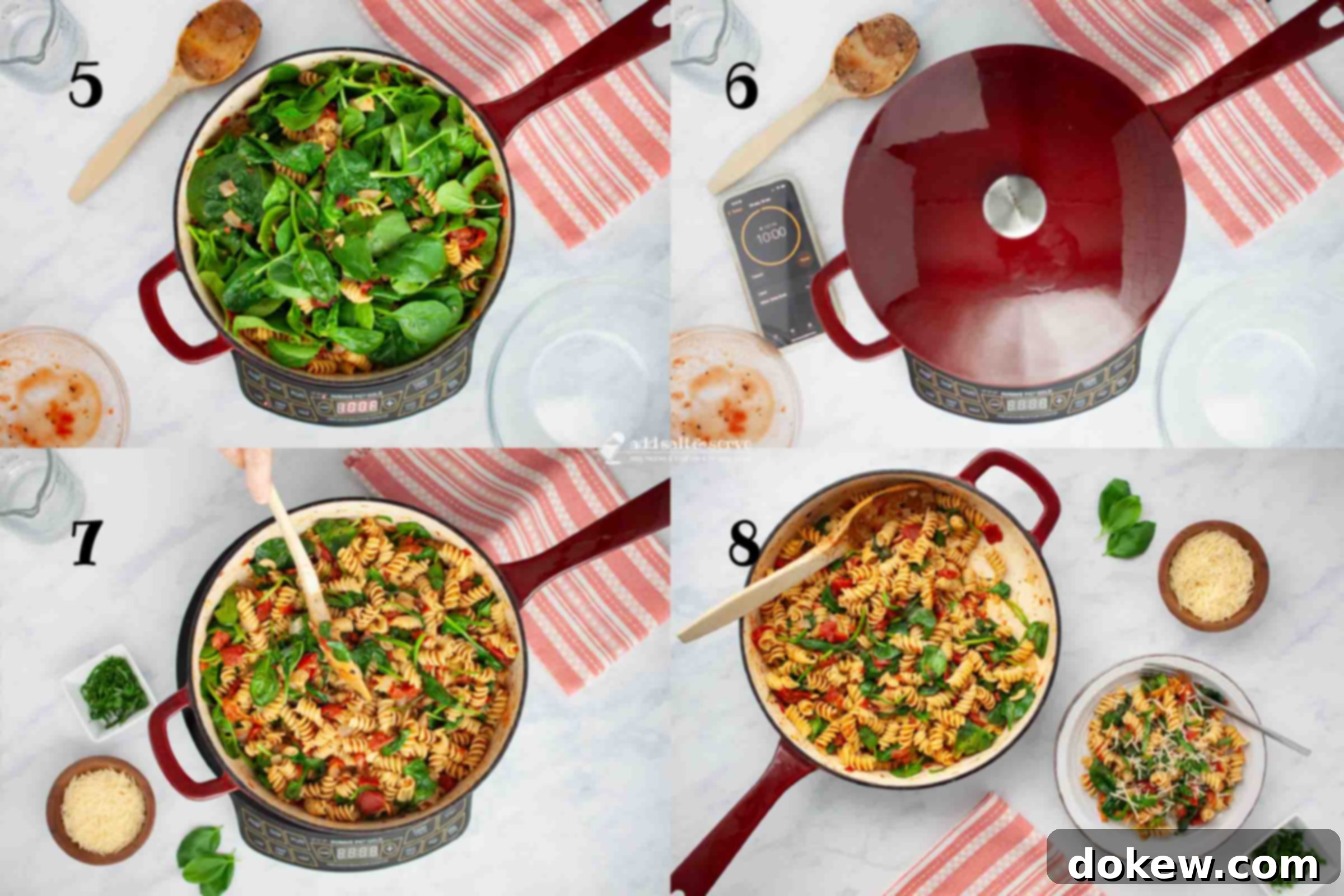 Quick and Easy One-Pot Tomato Spinach Pasta 5 Composite image: 5 - skillet of cooked rotini, tomatoes, onion, garlic, salt, herbs, and chicken broth with fresh spinach added on top; 6 - skillet with a lid on it and timer set for ten minutes; 7 - skillet without lid after spinach has wilted; 8 - skillet of finished Tomato Spinach Pasta with a serving dished onto a plate and garnished with parmesan cheese and fresh basil strips.