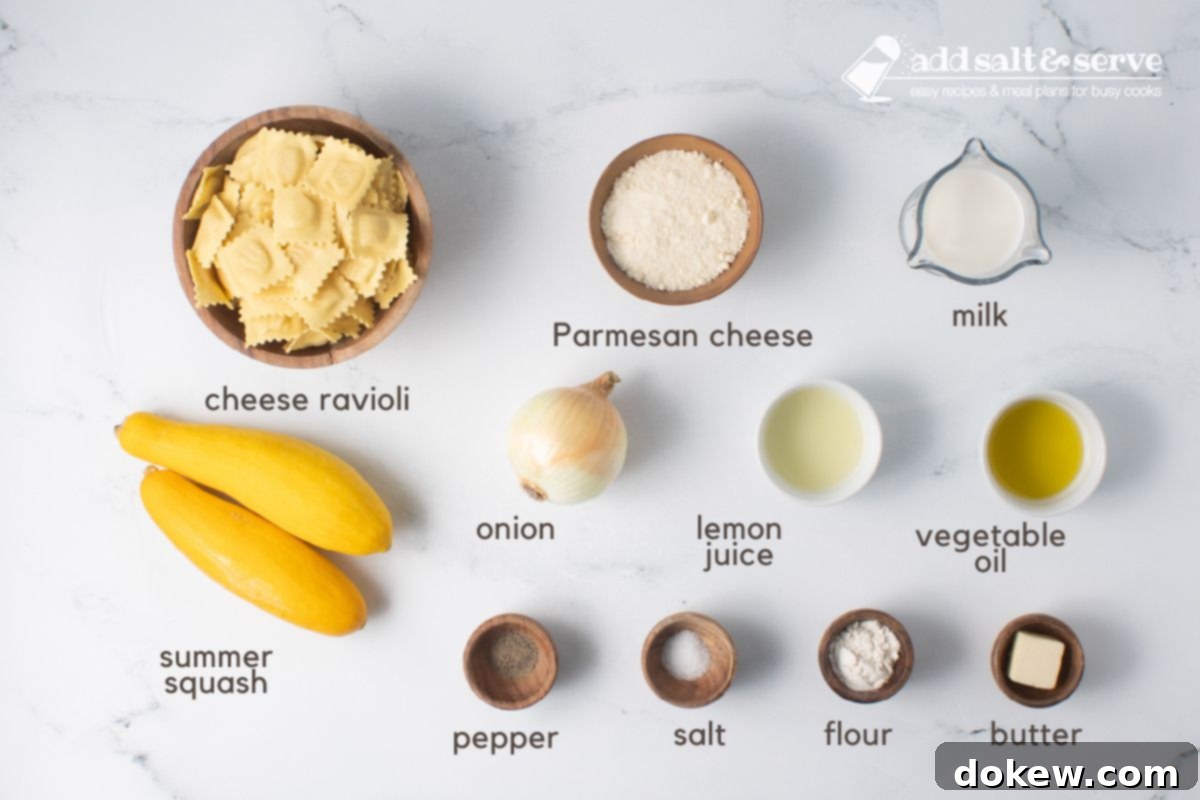 Velvety 20-Minute Summer Squash Ravioli 3 Ingredients for Cheese Ravioli with Summer Squash: ravioli, yellow squash, onion, lemon juice, oil, milk, Parmesan cheese, salt, pepper, flour, and butter.