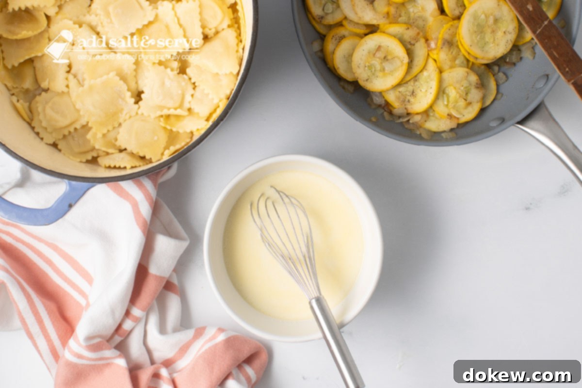 Velvety 20-Minute Summer Squash Ravioli 7 A bowl with melted butter, milk, and flour mixed with a whisk, a pot of cooked cheese ravioli, and a skillet of sautéed yellow squash and onion.