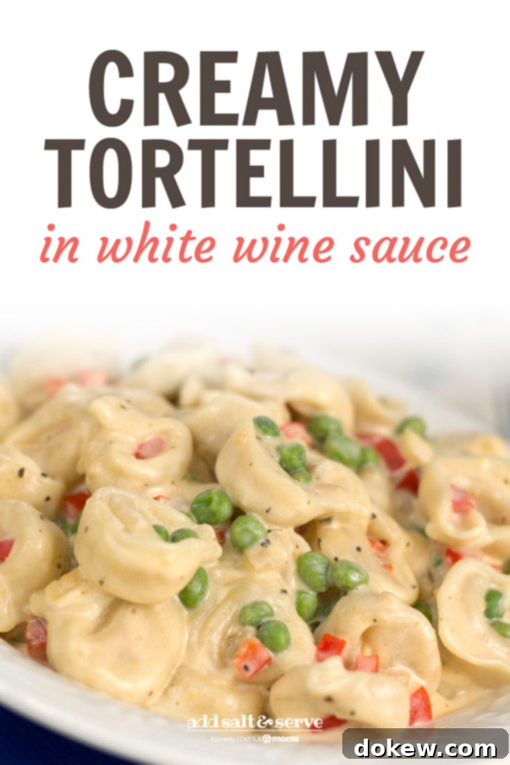 Dreamy Creamy Tortellini 4 A white plate with tortellini, peas, and diced bell peppers covered in cream sauce. Text is Creamy Tortellini in White Wine Sauce - Add Salt & Serve logo