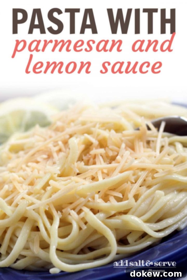 Zesty Lemon Parmesan Pasta 4 Cooked spaghetti on a blue plate with a fork. The plate is garnished with two lemon slices and a sprig of parsley; text Pasta with Parmesan and lemon sauce Add Salt & Serve formerly Menus4Moms