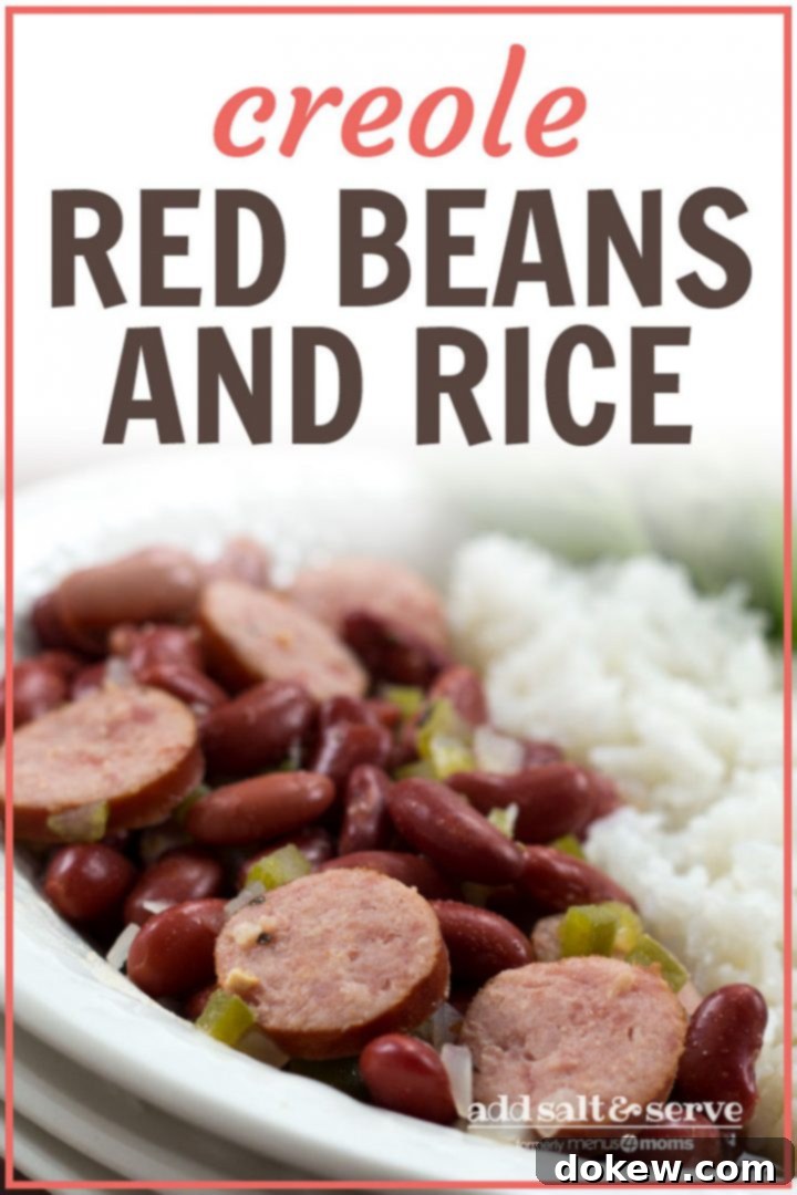 Crafting Distinct English Titles 3 Slices of smoked sausage mixed with red beans, diced onions, and diced green bell pepper, beside a serving of rice. The food is in a white bowl with a fork and garnished with a sprig of parsley. Text Red Beans and Rice Add Salt & Serve formerly Menus4Moms