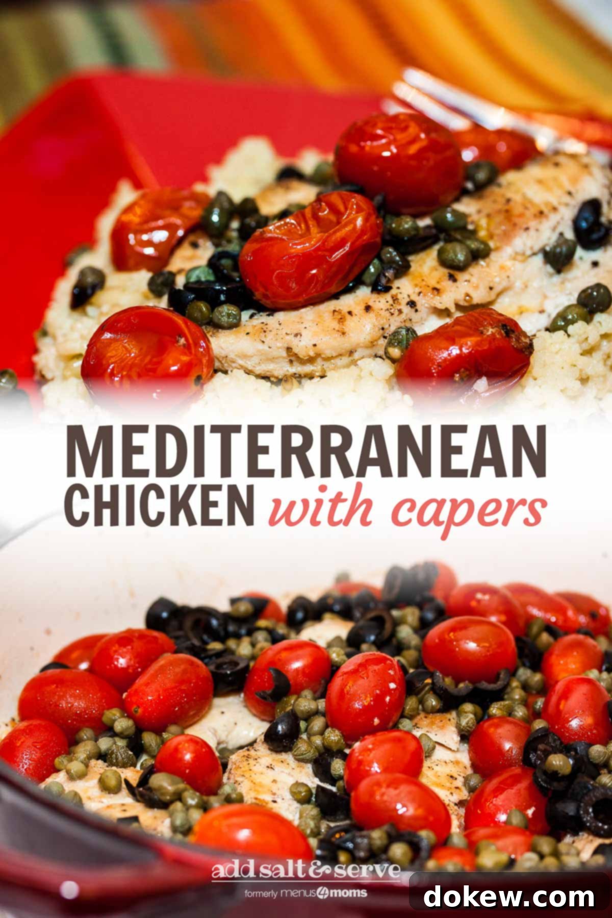 Vibrant Mediterranean Chicken with Capers 4 A beautifully plated chicken breast on couscous, adorned with cherry tomatoes, sliced black olives, and briny capers, served on a rustic red plate with a fork. This image perfectly captures the essence of a wholesome and flavorful Mediterranean dinner, ready to be pinned for easy access to a quick, healthy, and gluten-free recipe.