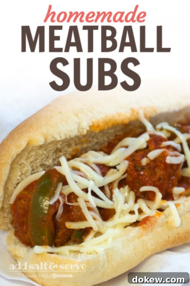 Authentic Homemade Italian Meatball Subs 3 Meatballs, sauce, shredded mozzarella cheese, and strips of bell peppers on a hot dog bun, all on a white plate.