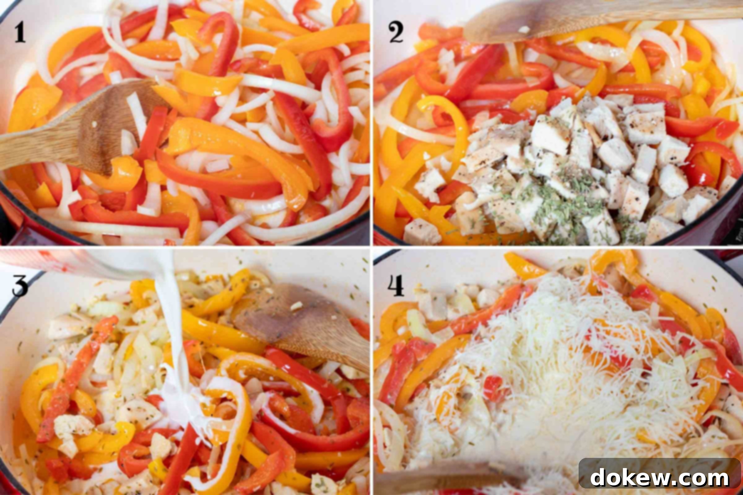 Vibrant Chicken and Bell Pepper Pasta 2 Composite image: 1- sautéing strips of onion and red and yellow bell peppers; 2- peppers and onion after adding cooked chicken and seasonings; 3- adding half and half; 4- adding shredded white cheese.