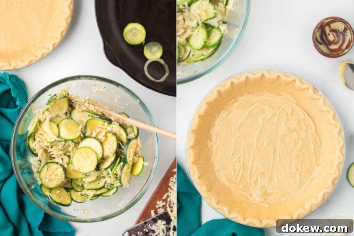 Golden Cheesy Zucchini Quiche 5 Left side is sliced zucchini and onion mixed with herbs and egg in a bowl; right side is a prepared pie crust with dijon mustard in the bottom.