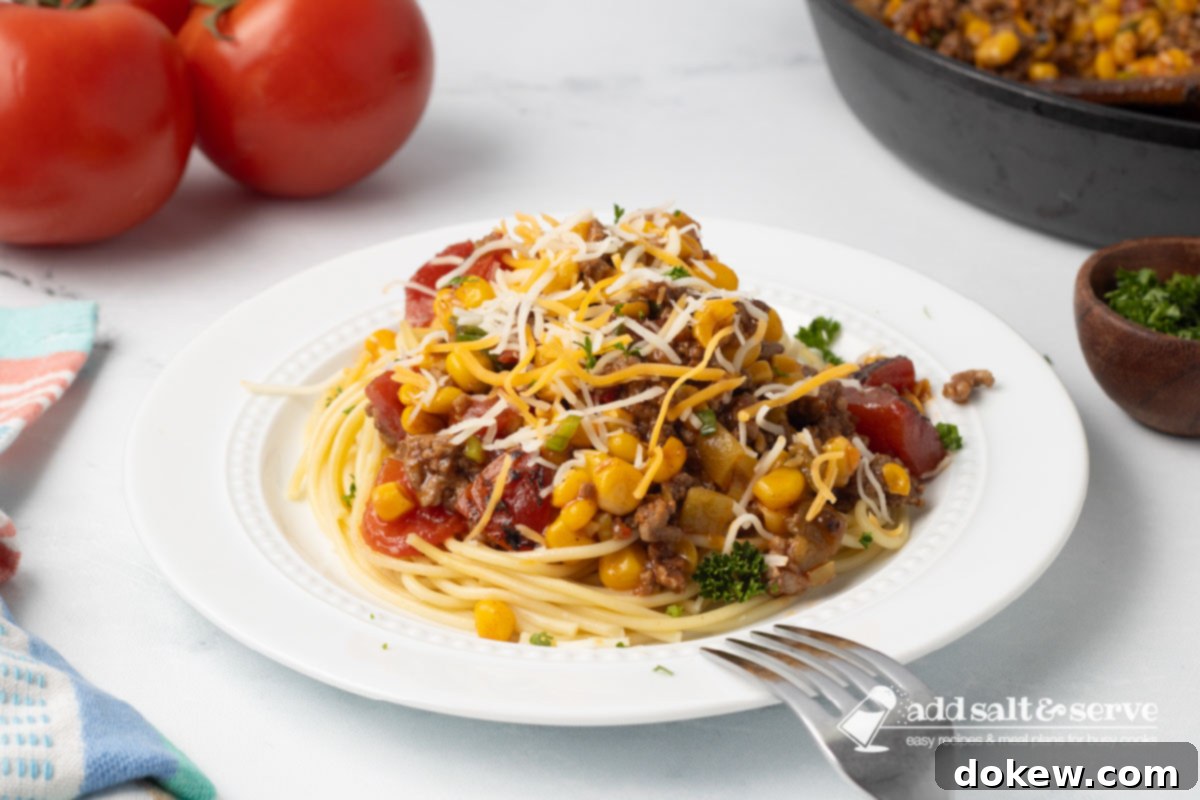 Fiesta Spaghetti 2 A delicious plate of Mexican Spaghetti topped with melted shredded cheese, ready to be enjoyed.