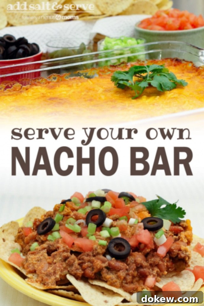 Nacho Bar: Pin for Later Top image is a clear glass casserole dish with beans topped with melted cheese and garnished with a sprig of cilantro. In the background is a red bowl of sliced black olives, a clear bowl of jalapeño slices, a clear bowl of diced green onions, a white bowl of diced tomatoes, and a basket of tortilla chips. Bottom image is a yellow plate with tortilla chips topped with ground beef, beans, diced tomatoes, sliced black olives, diced green onions, and garnished with a sprig of cilantro; text add salt & serve formerly menus4moms serve your own nacho bar